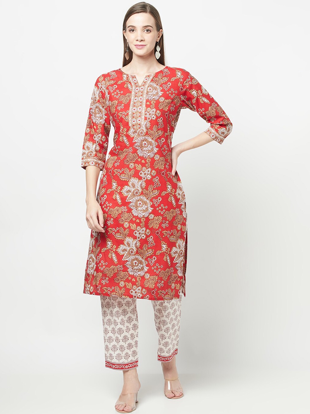 

KALINI Women Red Floral Printed Pure Cotton Kurta with Trousers & With Dupatta