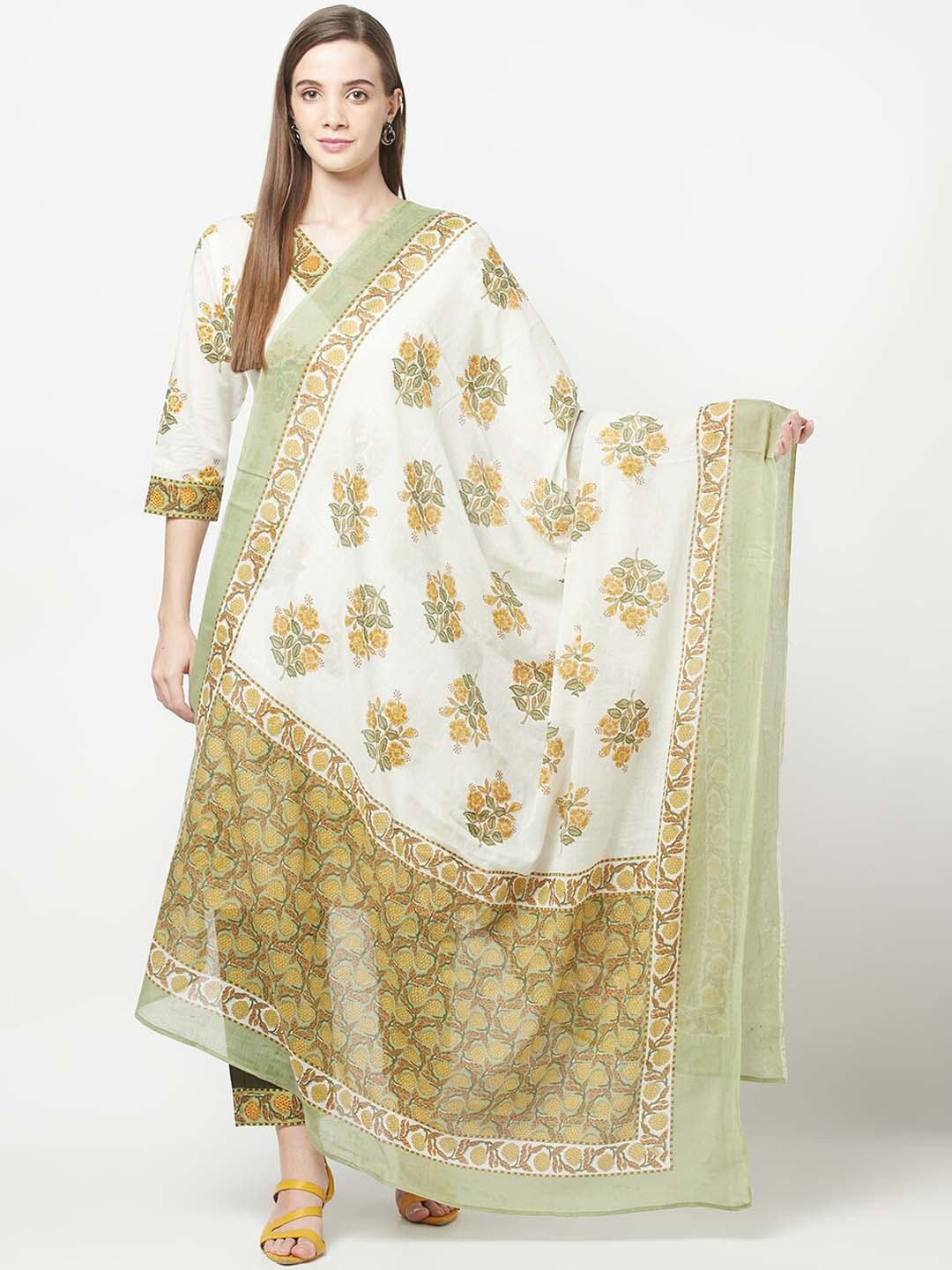 

KALINI Women Off White & Olive Green Ethnic Motifs Printed Pure Cotton Kurta Set