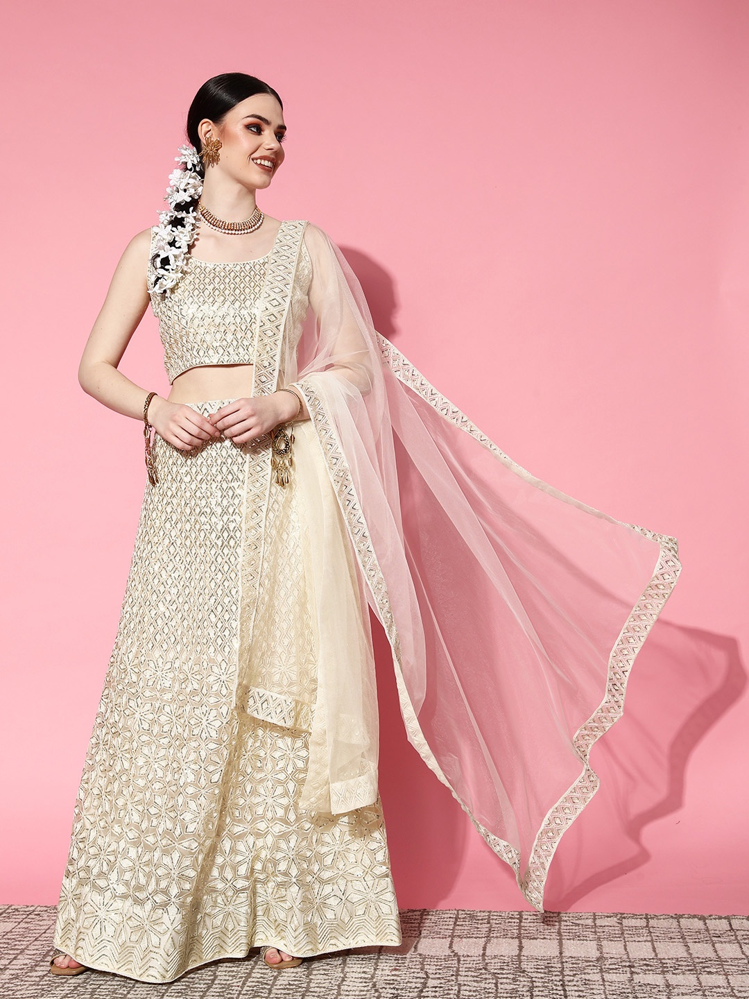 

Kvsfab Off White Embroidered Sequinned Semi-Stitched Lehenga & Blouse With Dupatta