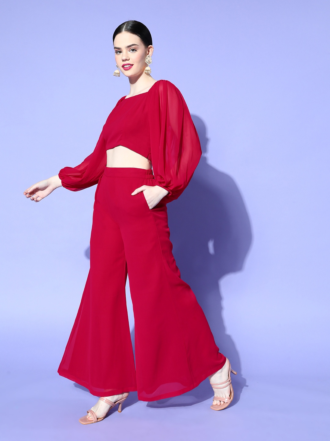 

Kvsfab Solid Crop Top With Palazzos, Red