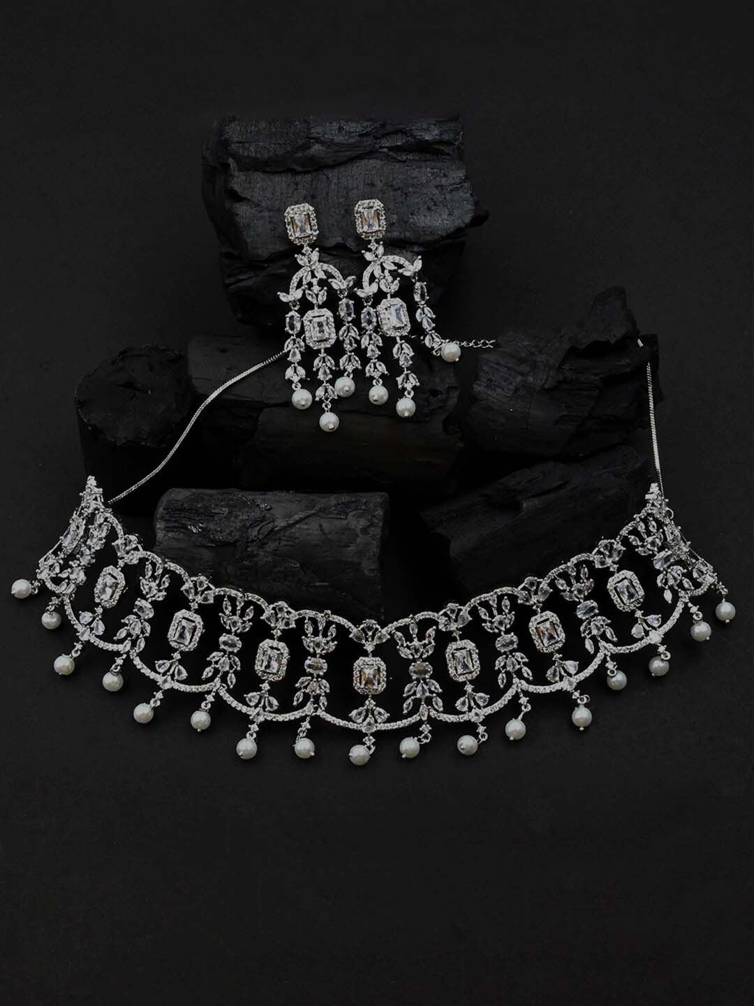 

StileAdda Silver-Plated White AD-Studded & Pearl Beaded Jewellery Set