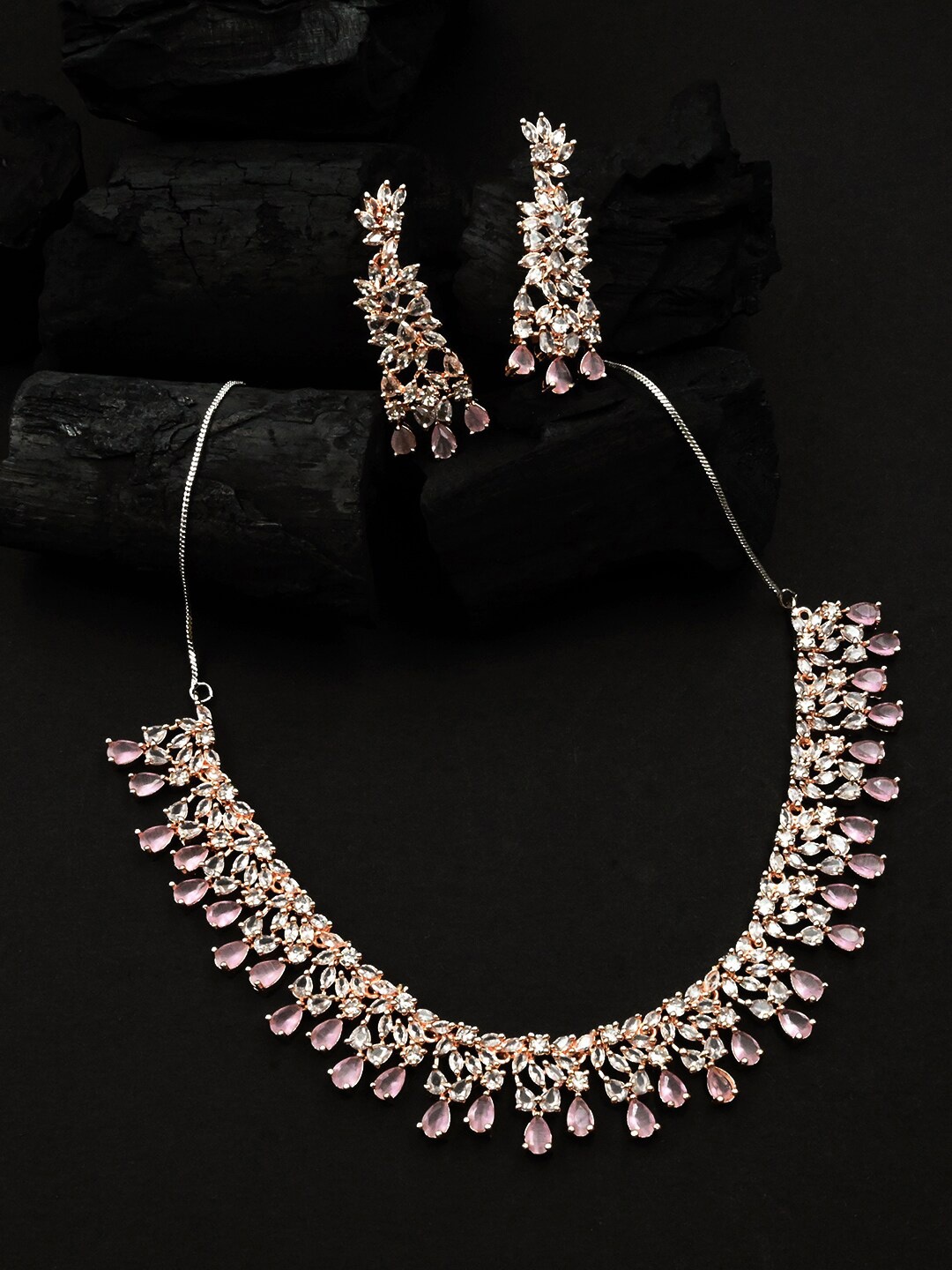 

StileAdda Rose Gold-Plated Pink AD Studded Jewellery Set