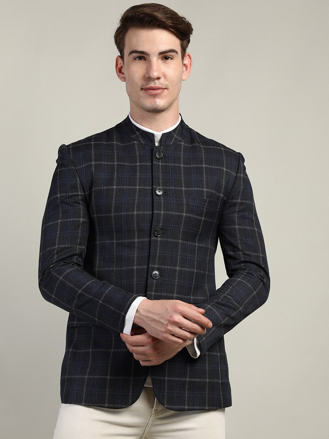 

LURE URBAN Men Grey & White Checked Wool Over Coats