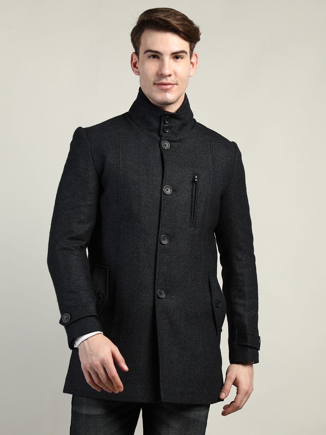 

LURE URBAN Men Navy Blue Solid Wool Over Coats