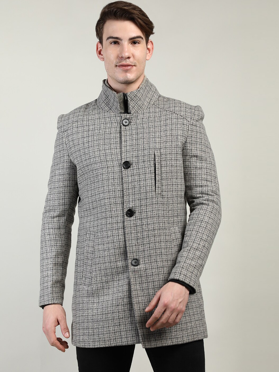 

LURE URBAN Men Grey Checked Wool Over Coats