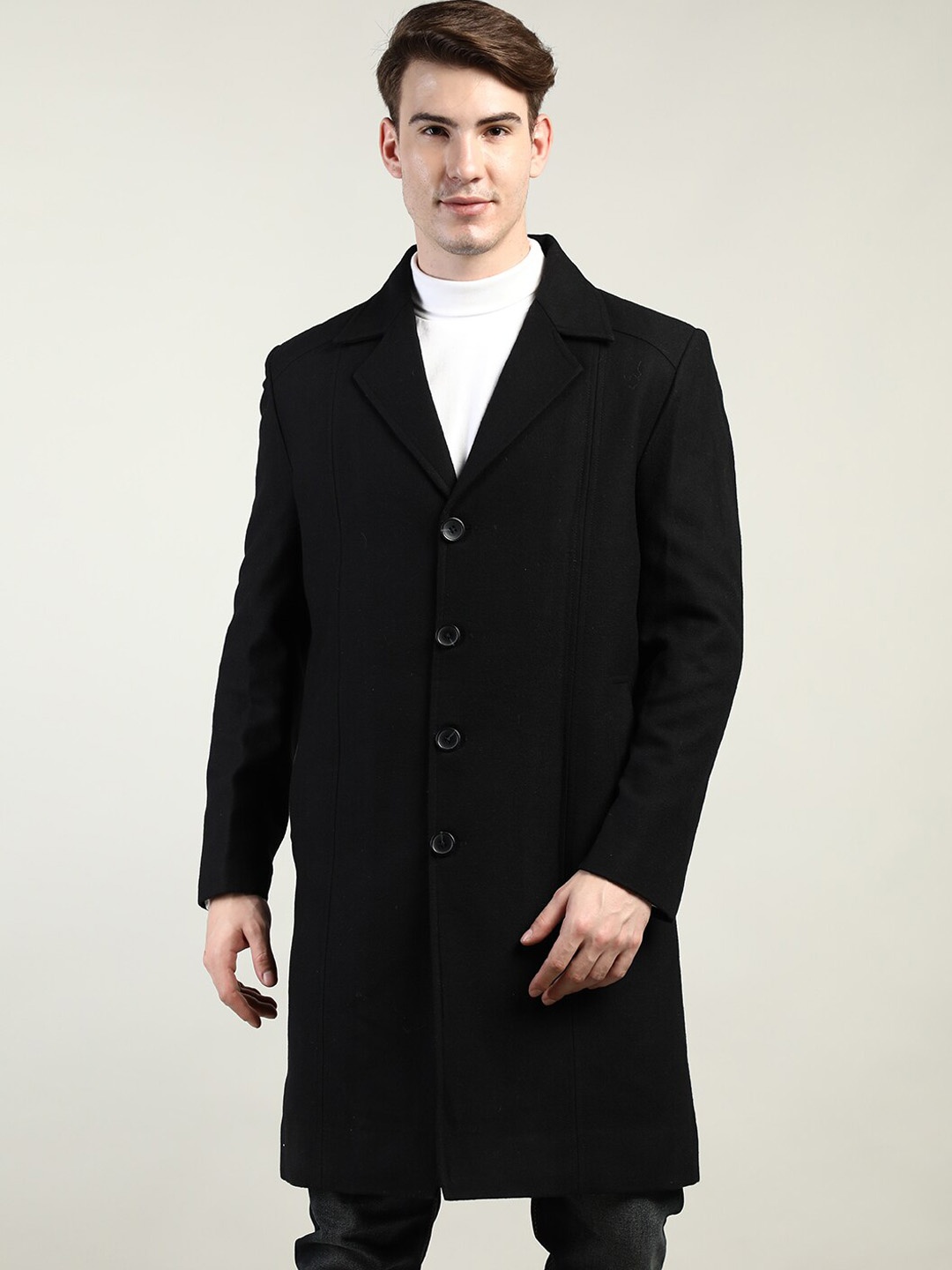 

LURE URBAN Men Black Solid Single-Breasted Overcoats