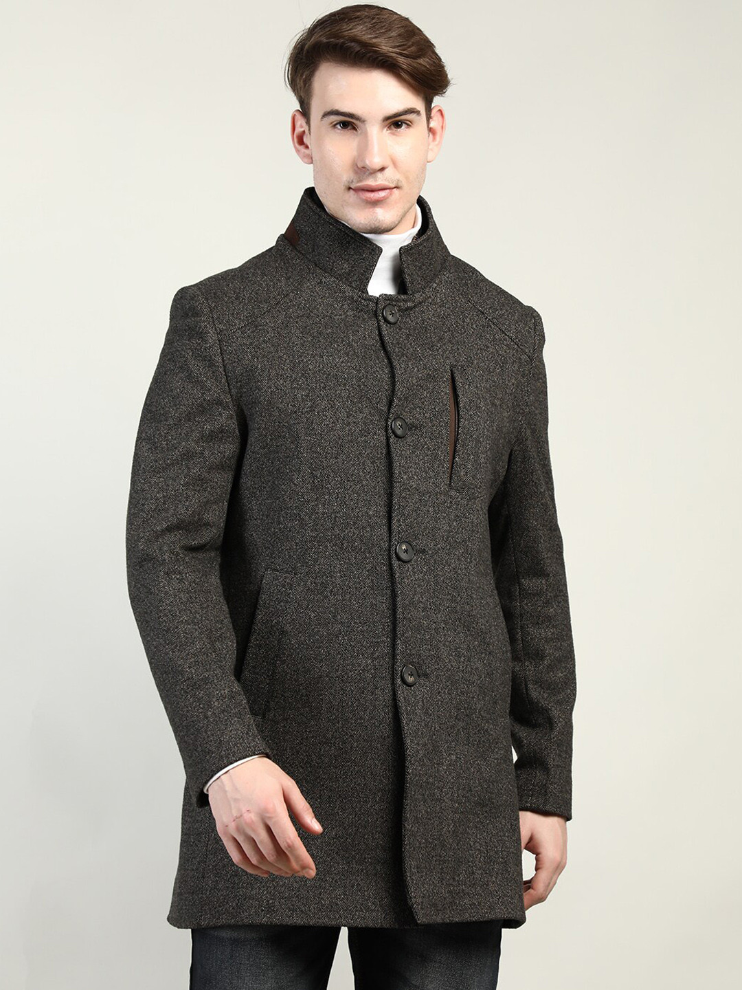 

LURE URBAN Men Coffee Brown Solid Wool Overcoat
