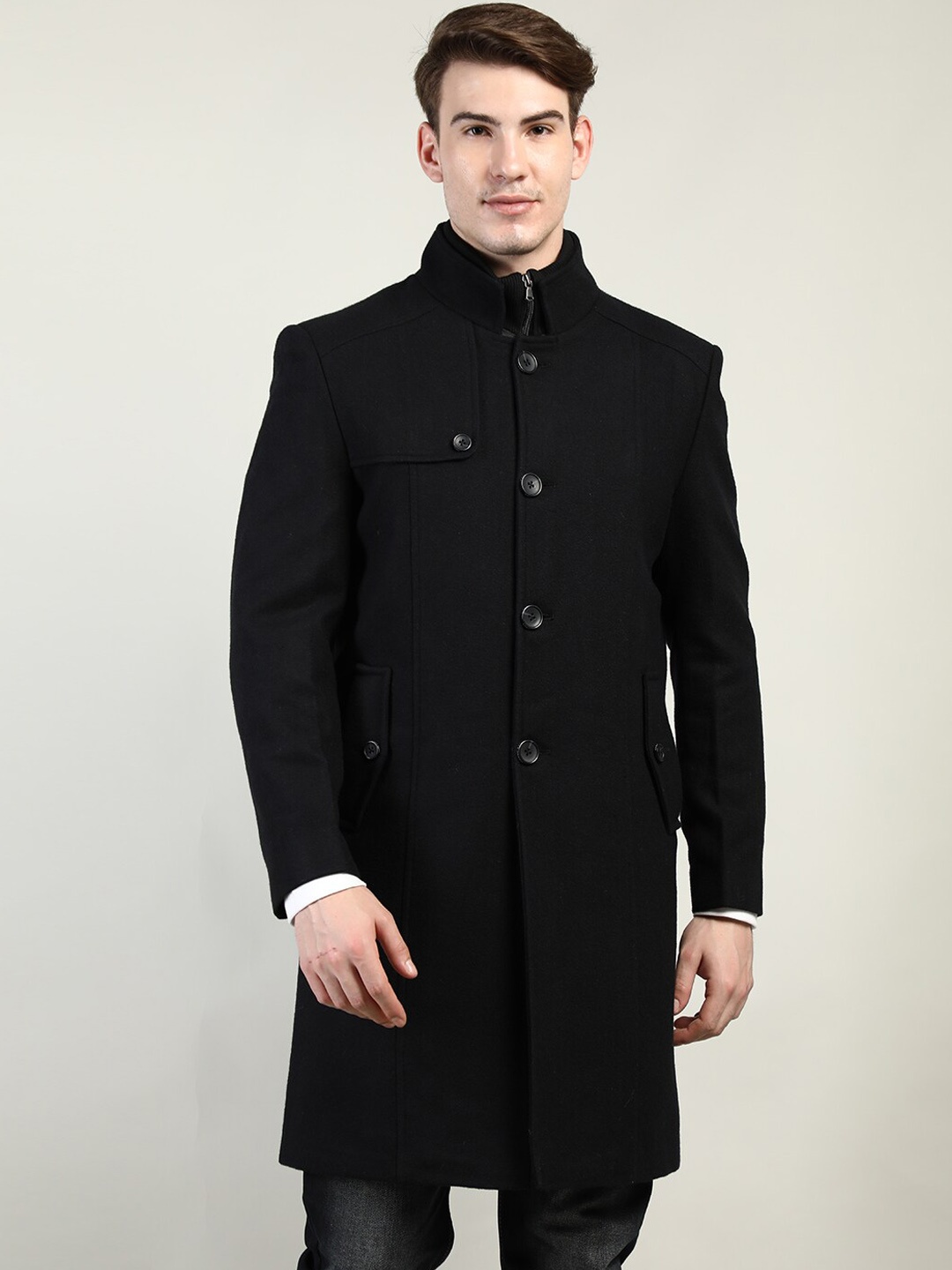 

LURE URBAN Men Black Solid Wool Overcoat