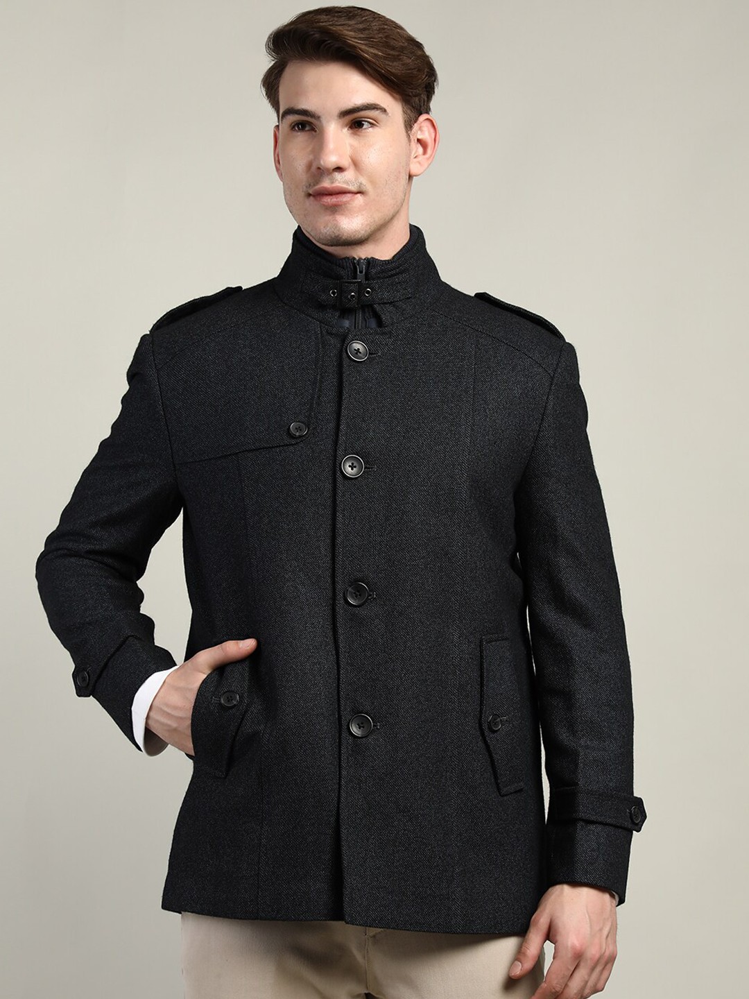 

LURE URBAN Men Navy Blue Solid Wool Over Coats