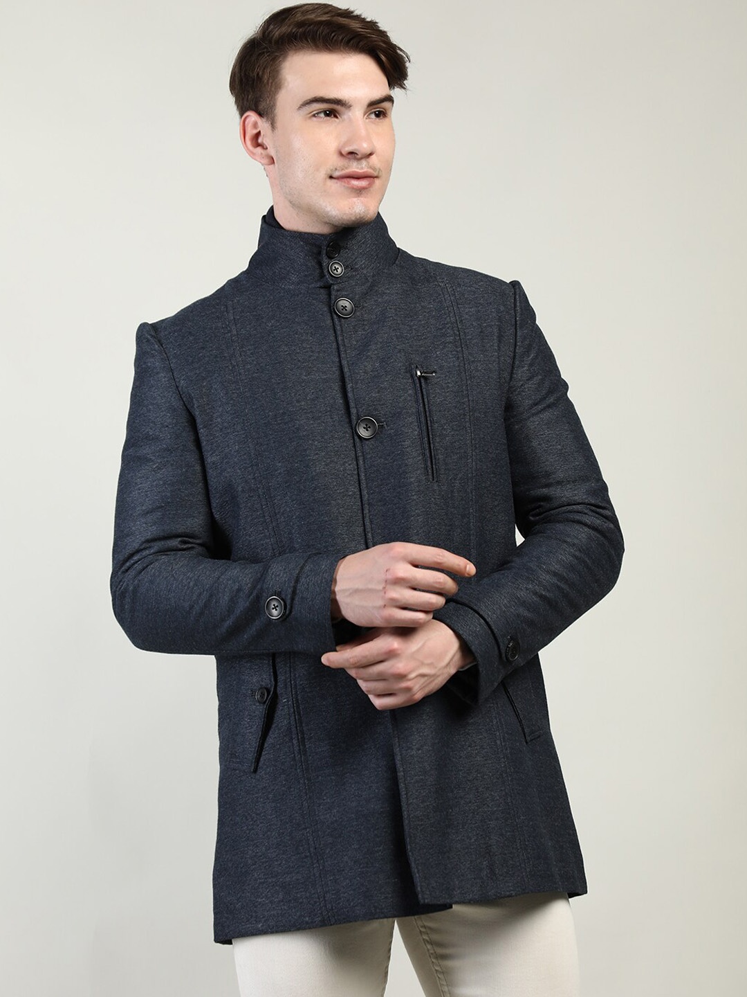 

LURE URBAN Men Blue Solid Wool Over Coats