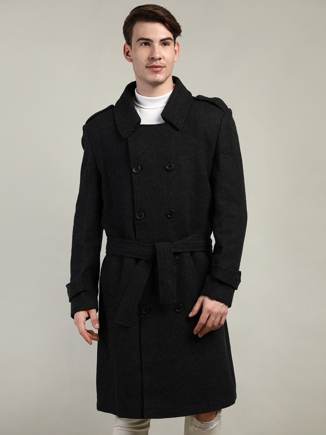 

LURE URBAN Men Black Solid Double-Breasted Wool Over Coats