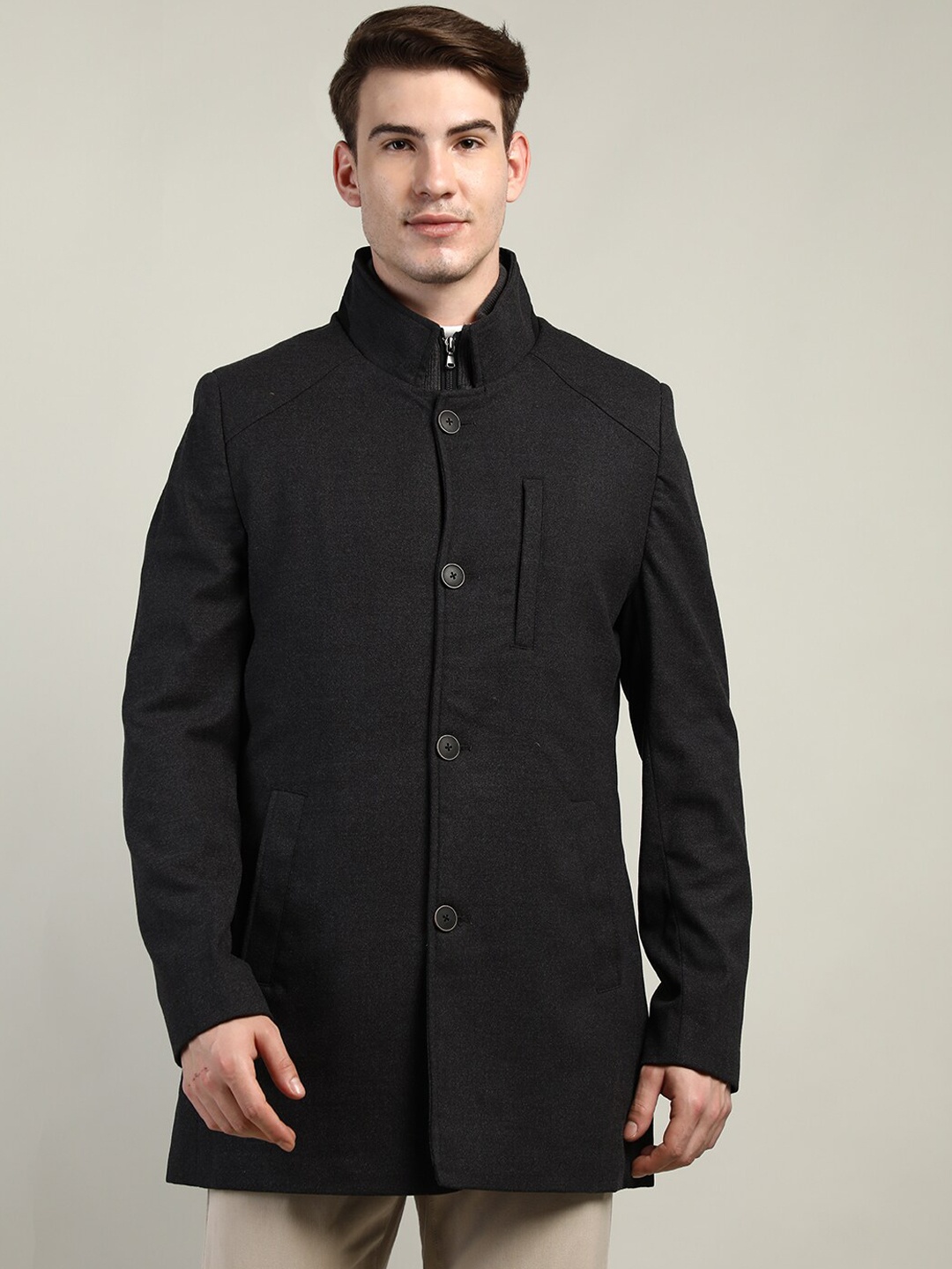

LURE URBAN Men Grey Solid Wool Overcoat