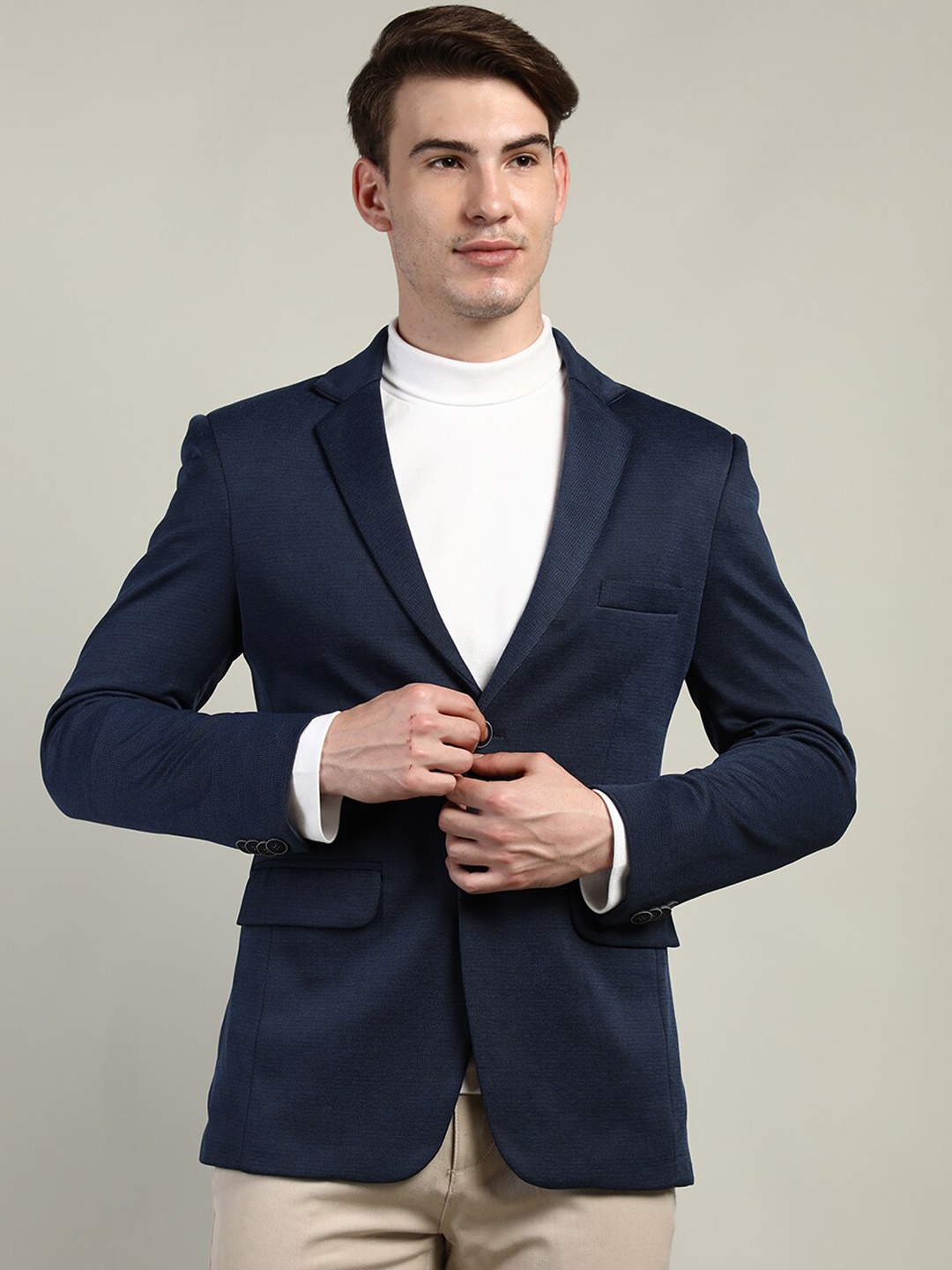 

LURE URBAN Men Navy Blue Solid Winter Single Breasted Blazer