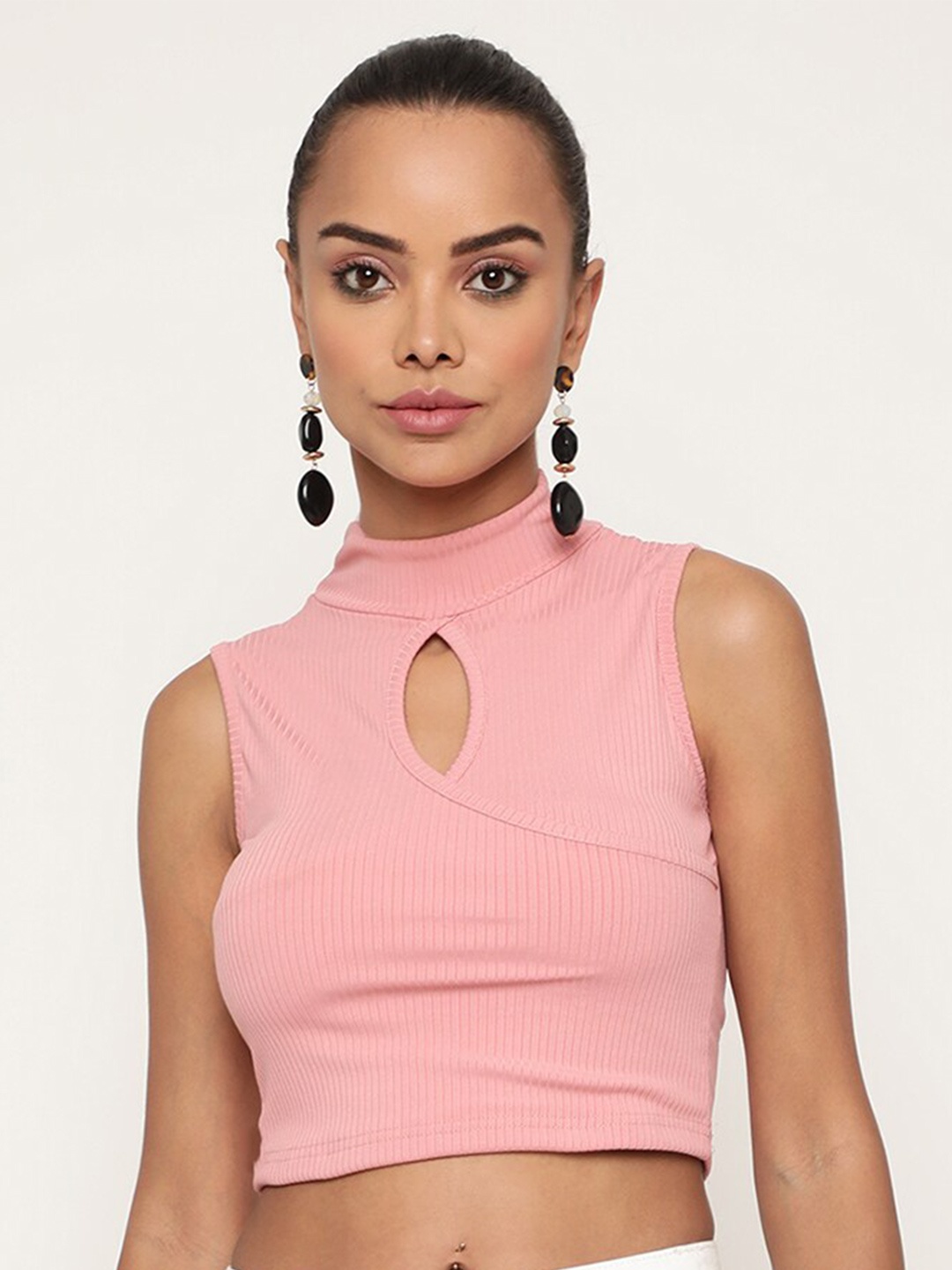 

Sugathari Women Peach-Coloured Keyhole Neck Sheen Crop Top