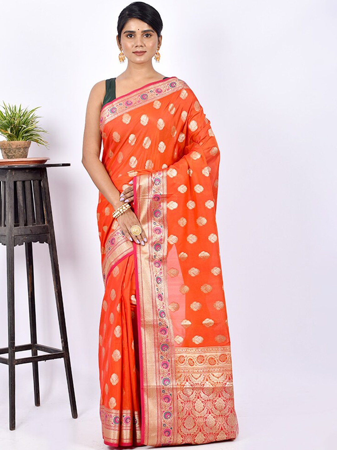 

AllSilks Orange & Gold-Toned Woven Design Zari Silk Cotton Saree