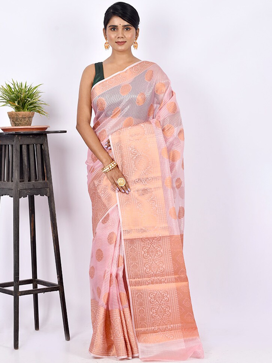 

AllSilks Pink & Gold-Toned Paisley Zari Silk Cotton Saree