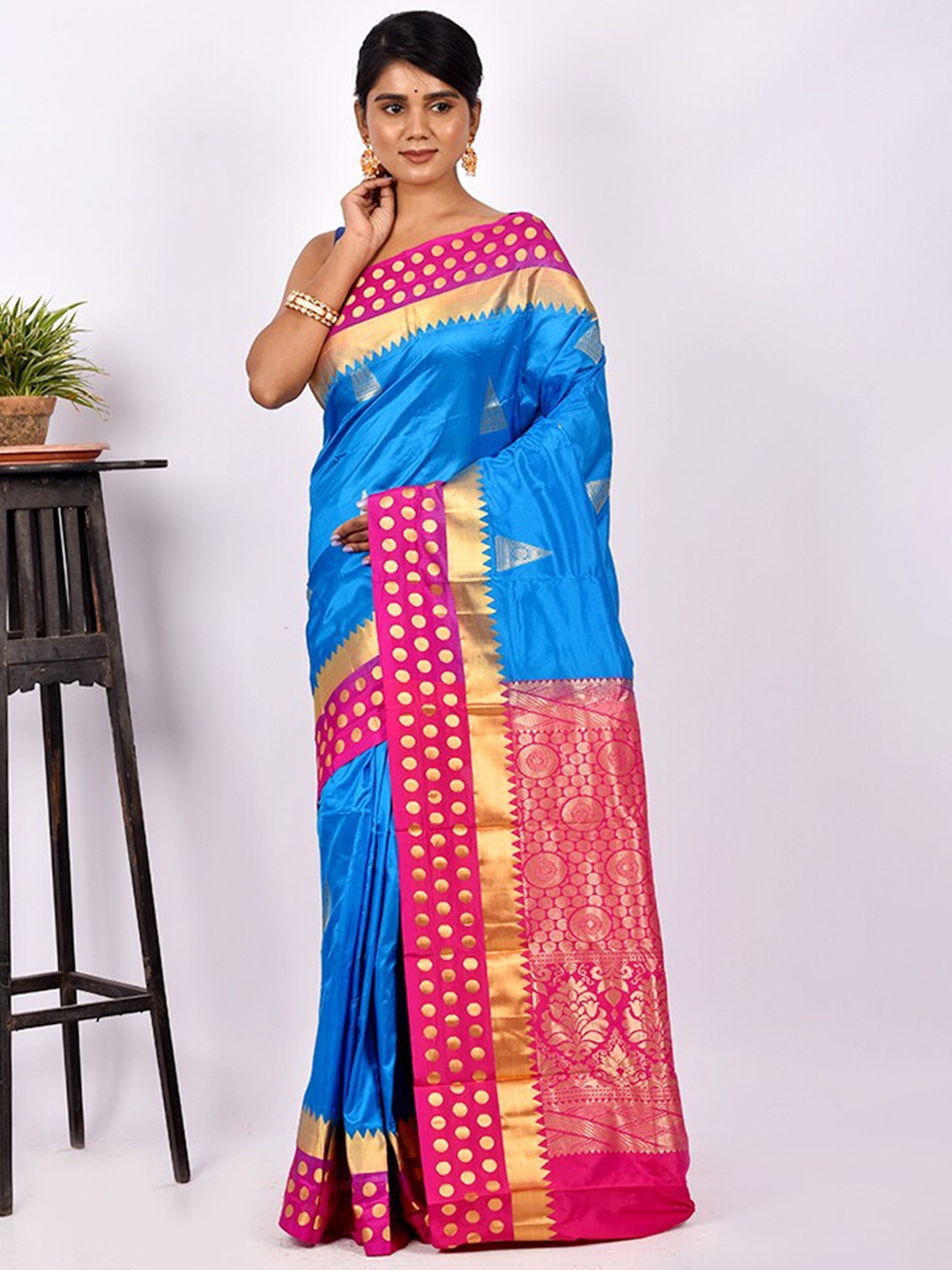

AllSilks Blue & Pink Ethnic Motif Zari Pure Silk Kanjeevaram Saree