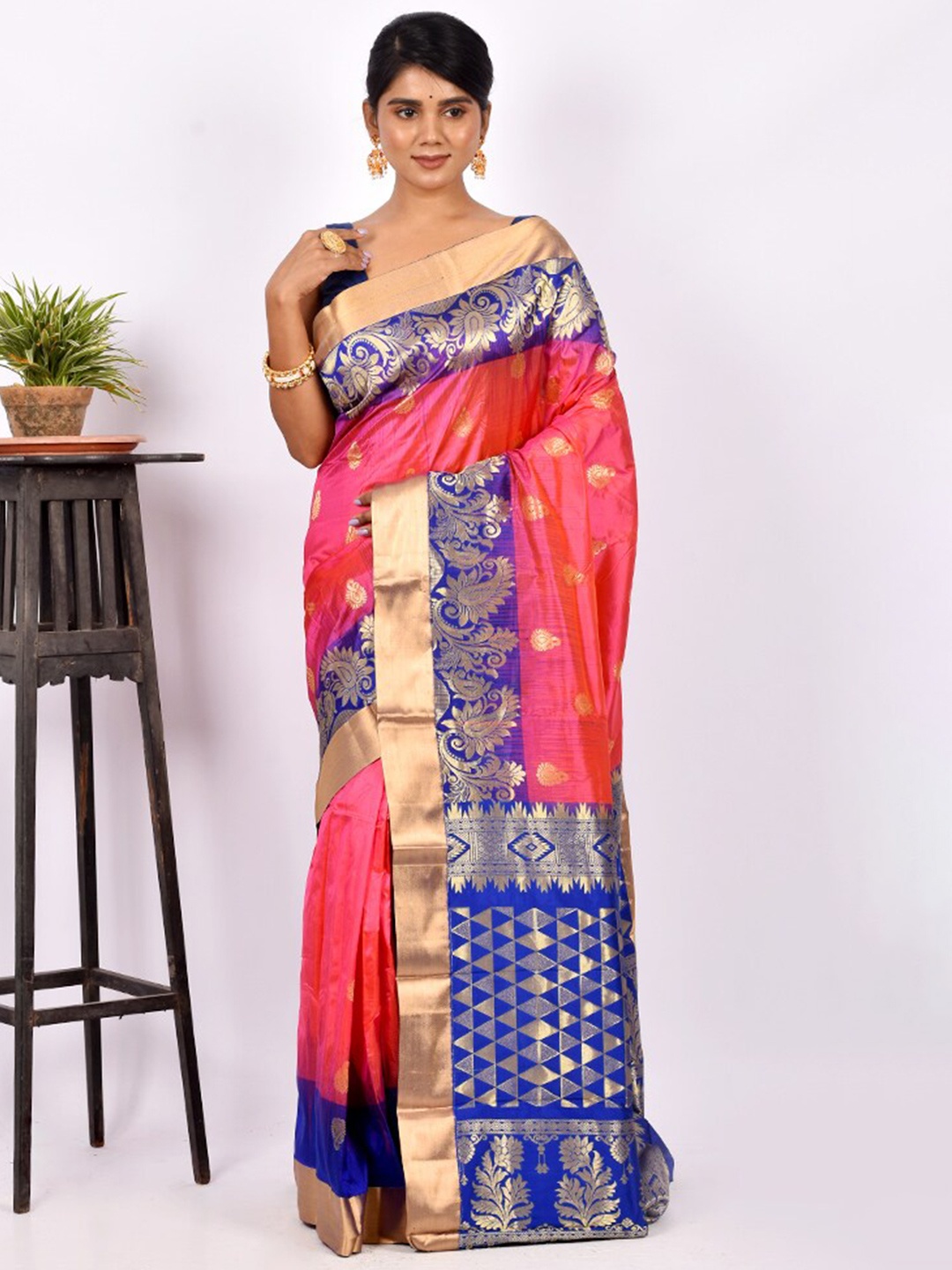 

AllSilks Pink & Blue Ethnic Motif Zari Pure Silk Kanjeevaram Saree