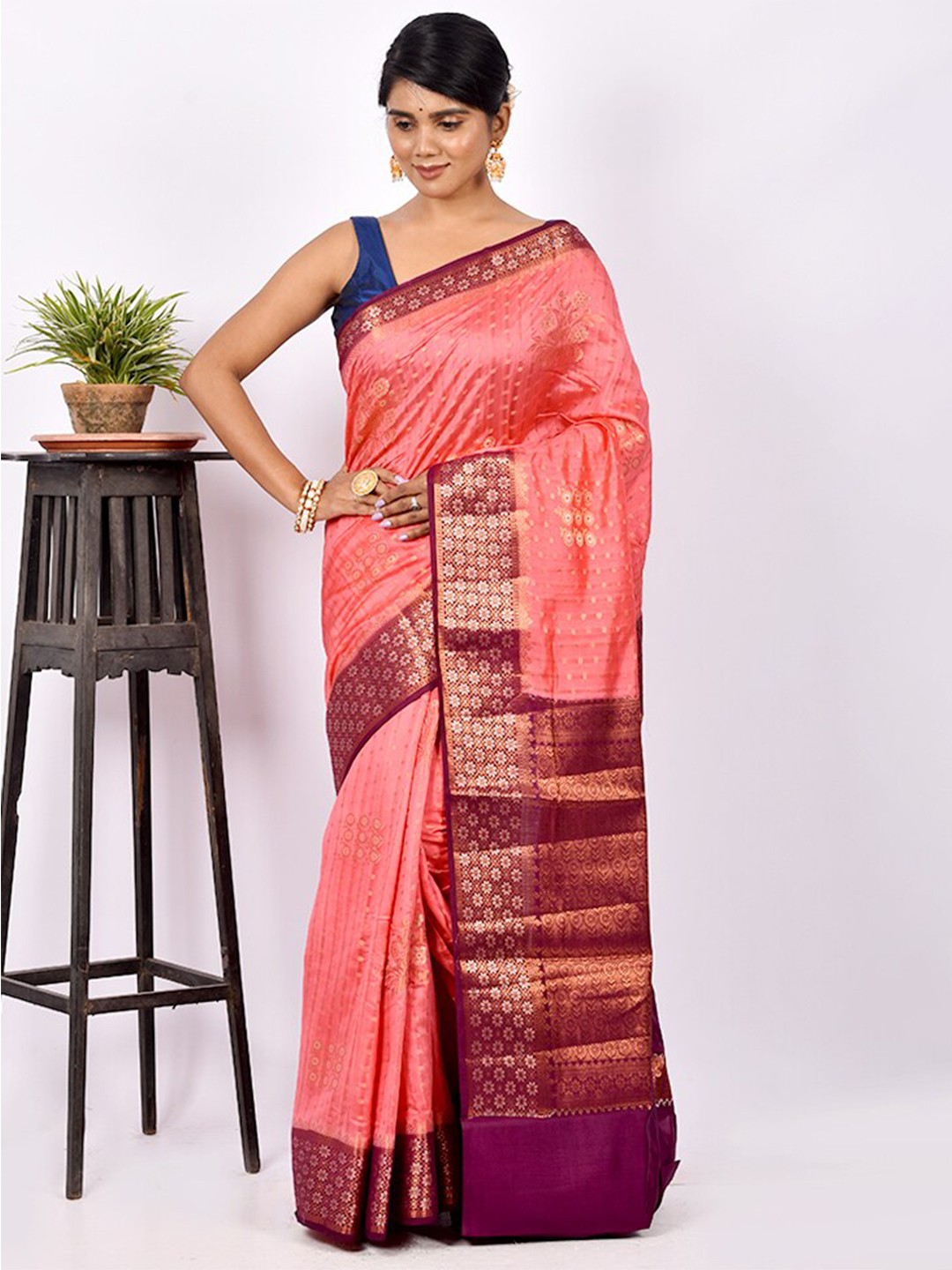

AllSilks Pink & Purple Floral Zari Silk Blend Tussar Saree