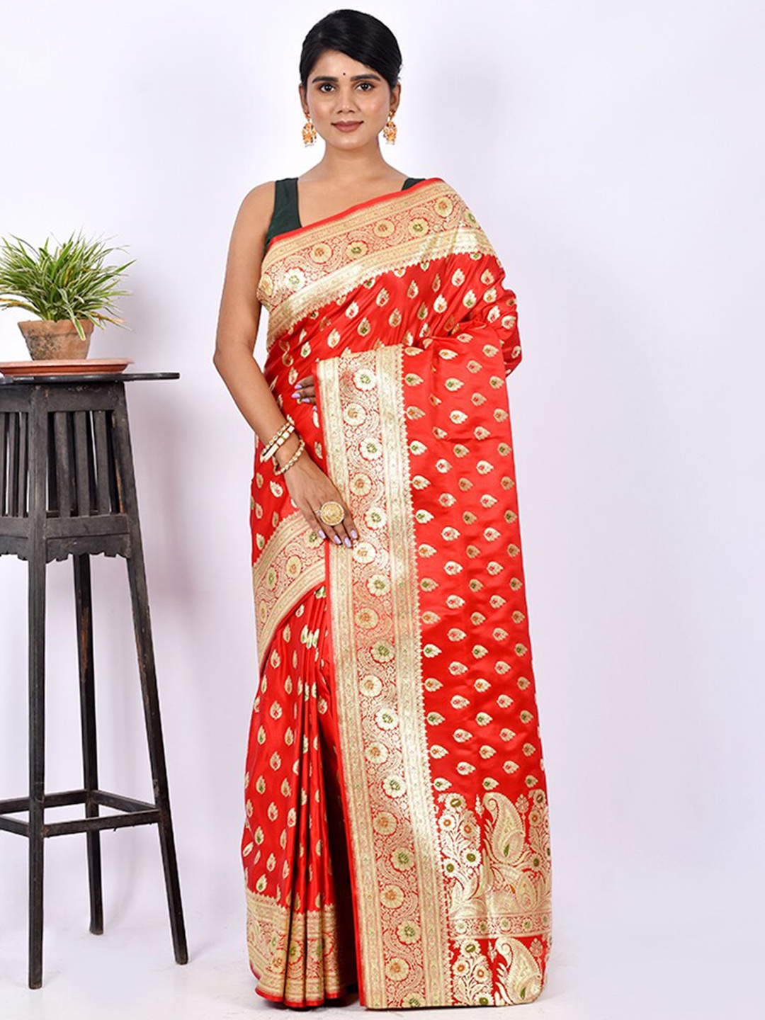 

AllSilks Red & Gold-Toned Ethnic Motif Zari Satin Banarasi Saree