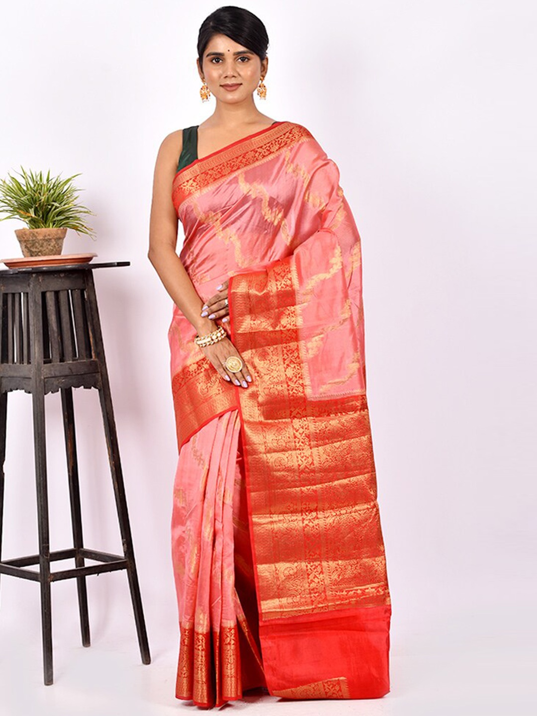 

AllSilks Pink & Red Ethnic Motif Zari Silk Blend Tussar Saree