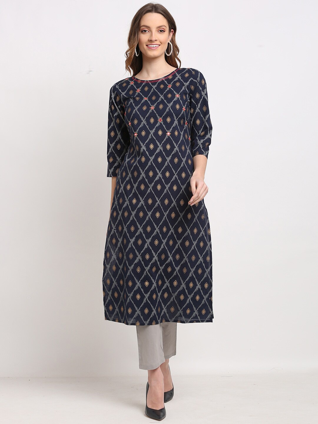 

Rajnandini Women Navy Blue Embroidered Pure Cotton Kurta with Trousers