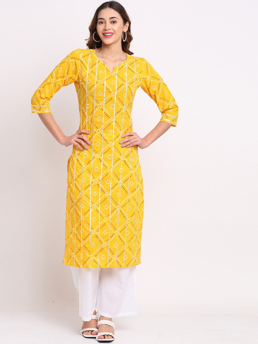 

Rajnandini Women Yellow Bandhani Printed Pure Cotton Kurta with Palazzos