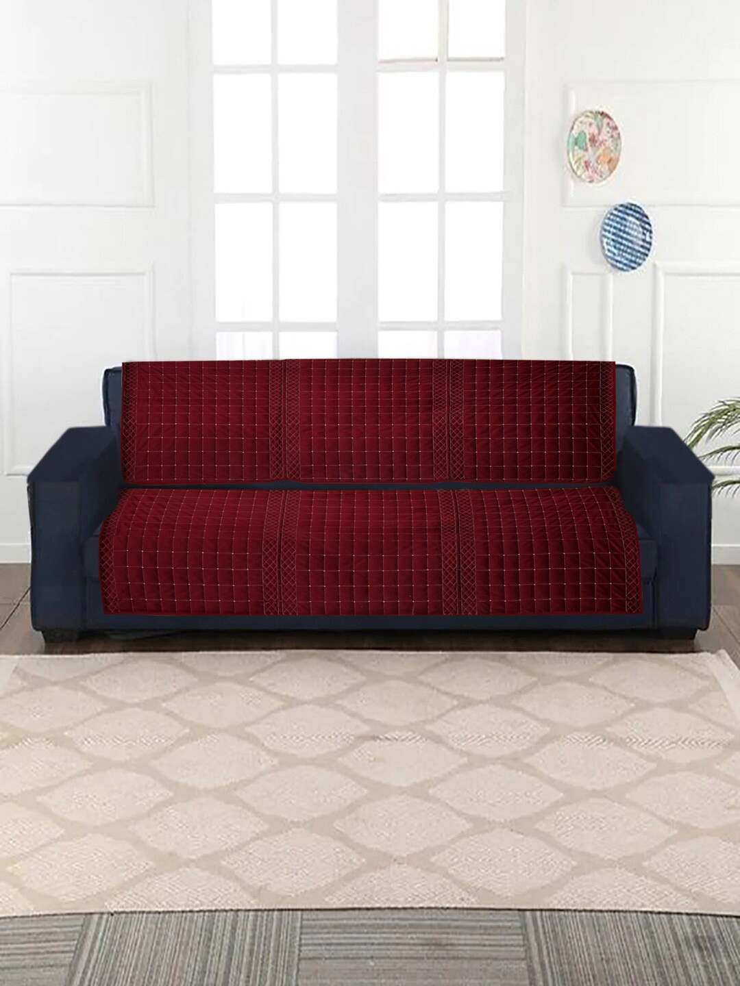 

MULTITEX Set Of 10 Checked 5 Seater Sofa Covers, Maroon