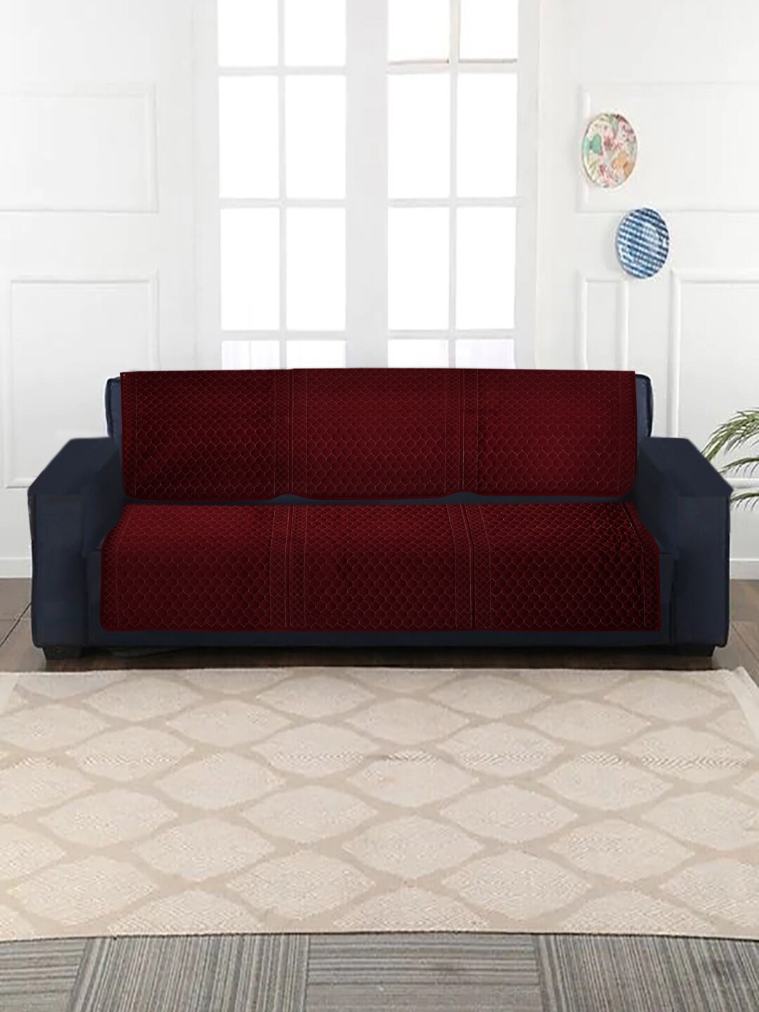 

MULTITEX Set Of 10 Maroon Red Textured Five Seater Sofa Covers
