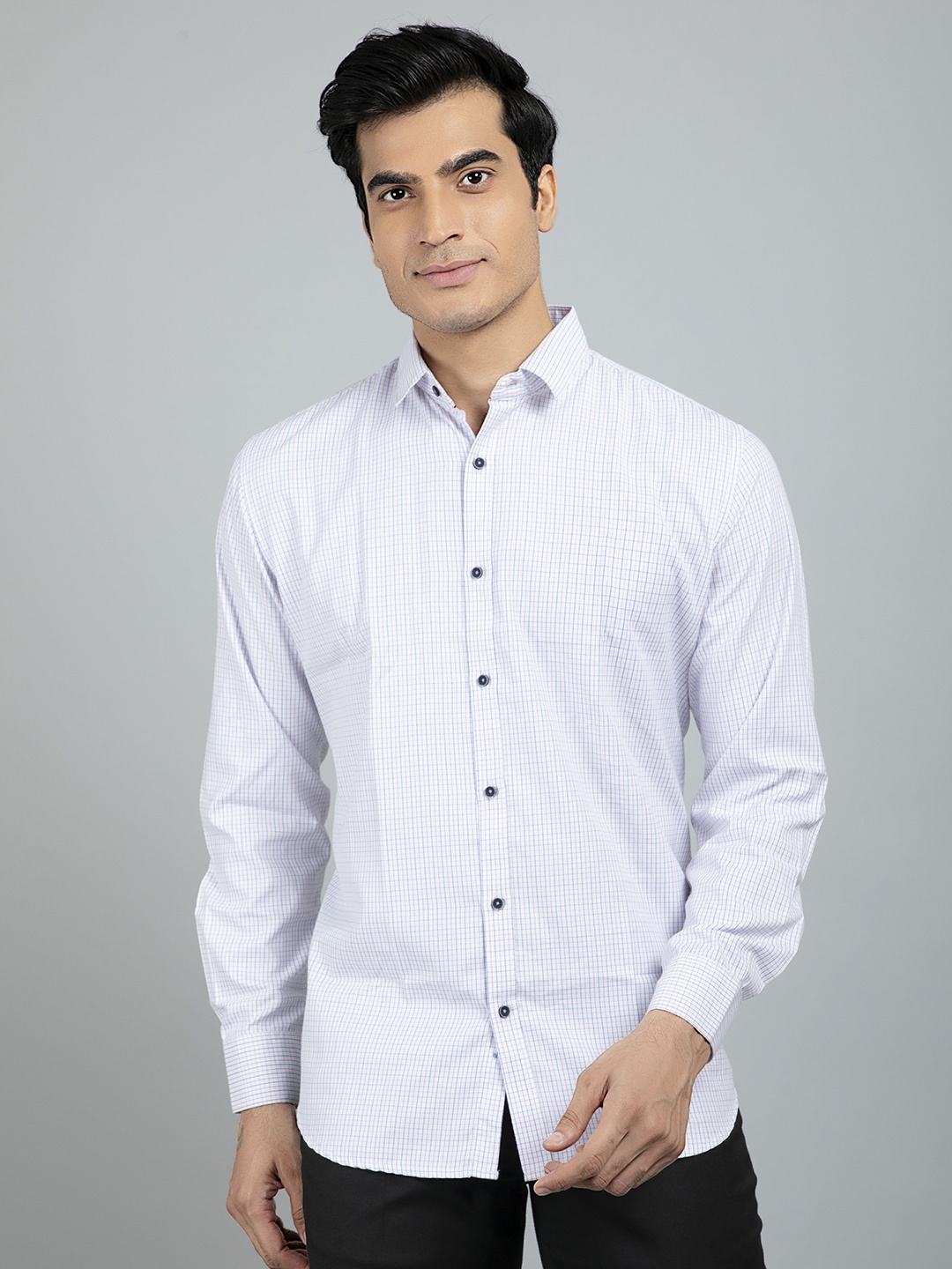 RED FEATHER Men Grid Tattersall Checks Cotton Formal Shirt, White