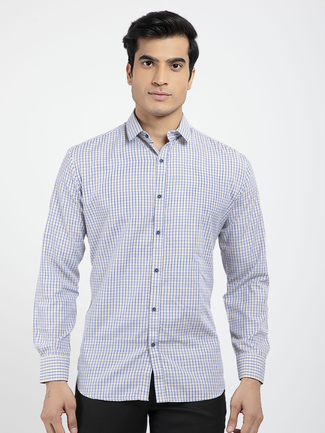 

RED FEATHER Men Grid Tattersall Checks Cotton Formal Shirt, Blue