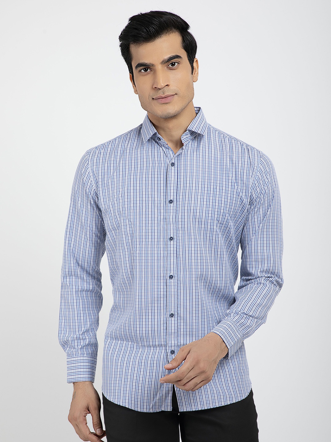 

RED FEATHER Men Grid Tattersall Checks Cotton Formal Shirt, Blue
