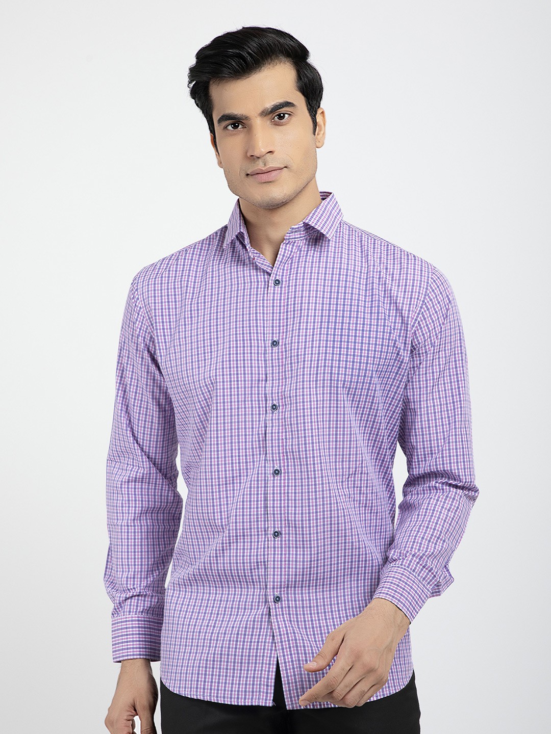 

RED FEATHER Men Grid Tattersall Checks Cotton Formal Shirt, Purple