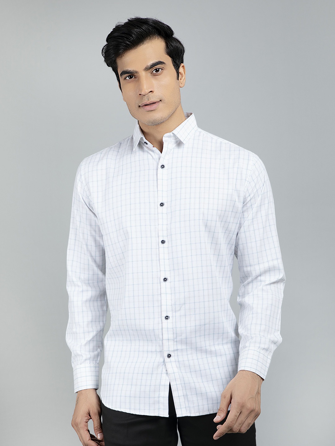 

RED FEATHER Men Grid Tattersall Checks Cotton Formal Shirt, White