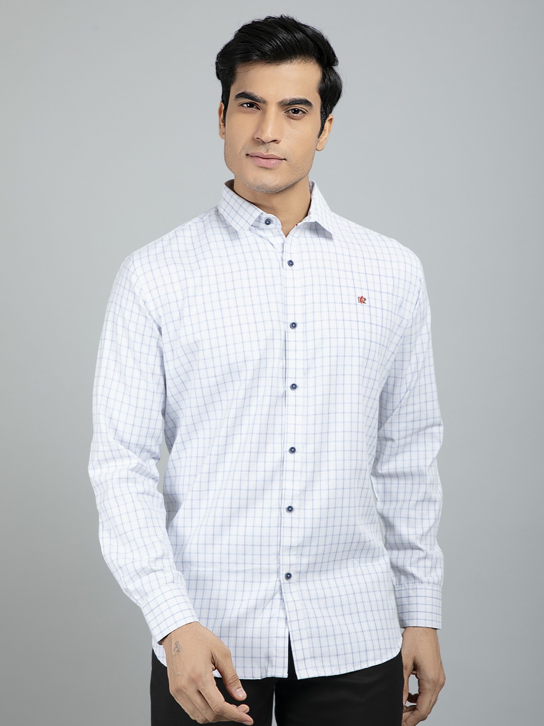 

RED FEATHER Men Grid Tattersall Checks Cotton Formal Shirt, White