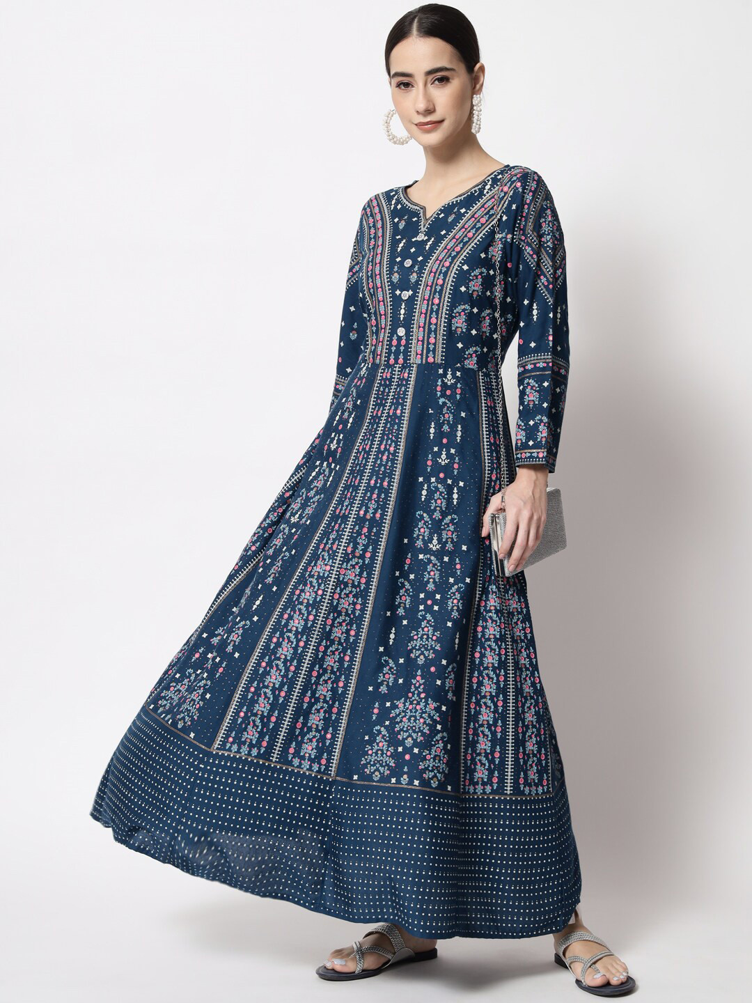 

Vastralay Ethnic Motifs Printed Notched Neck Anarkali Kurta, Teal