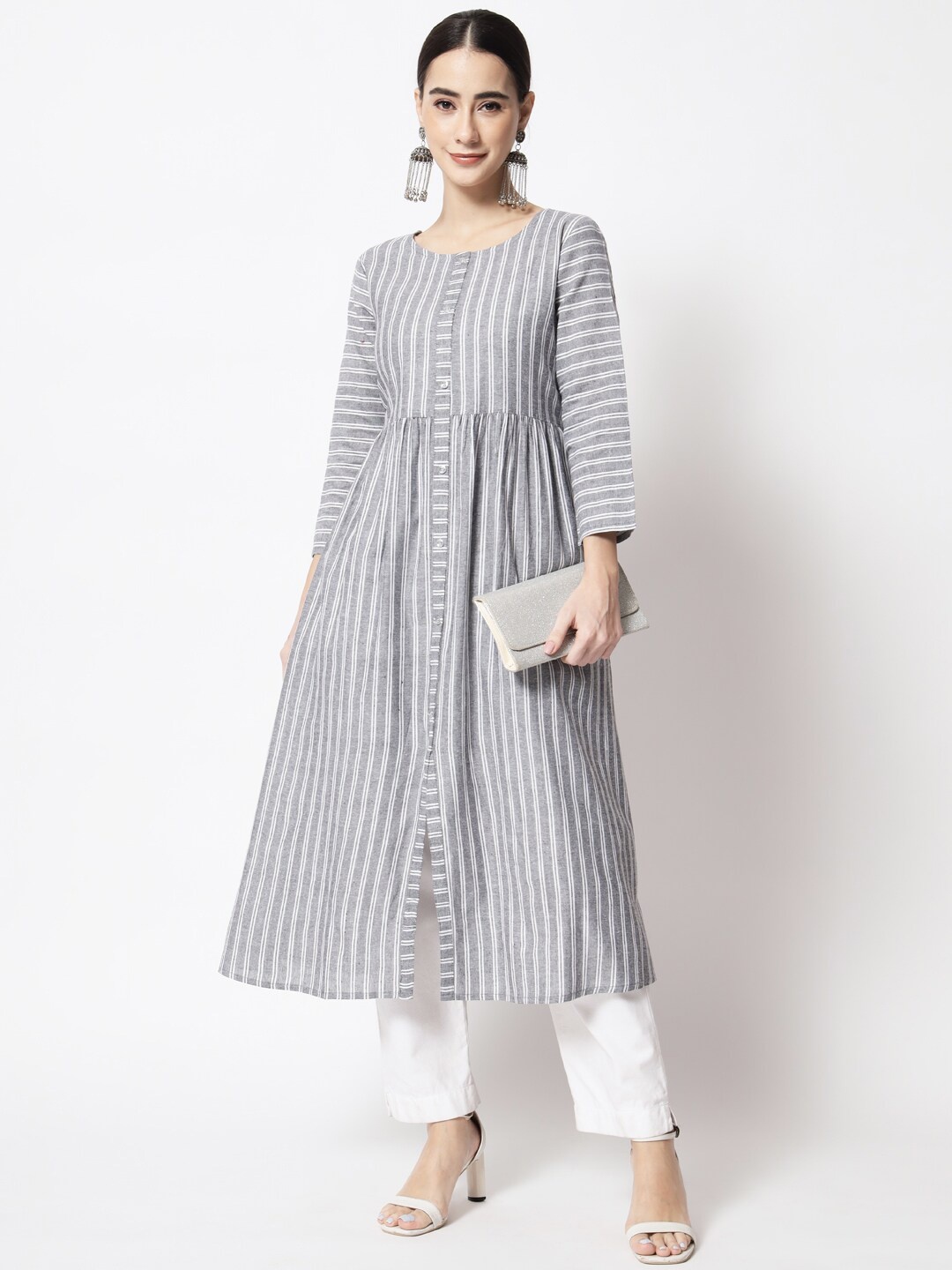 

Vastralay Striped A-Line Regular Calf Length Kurta, Grey