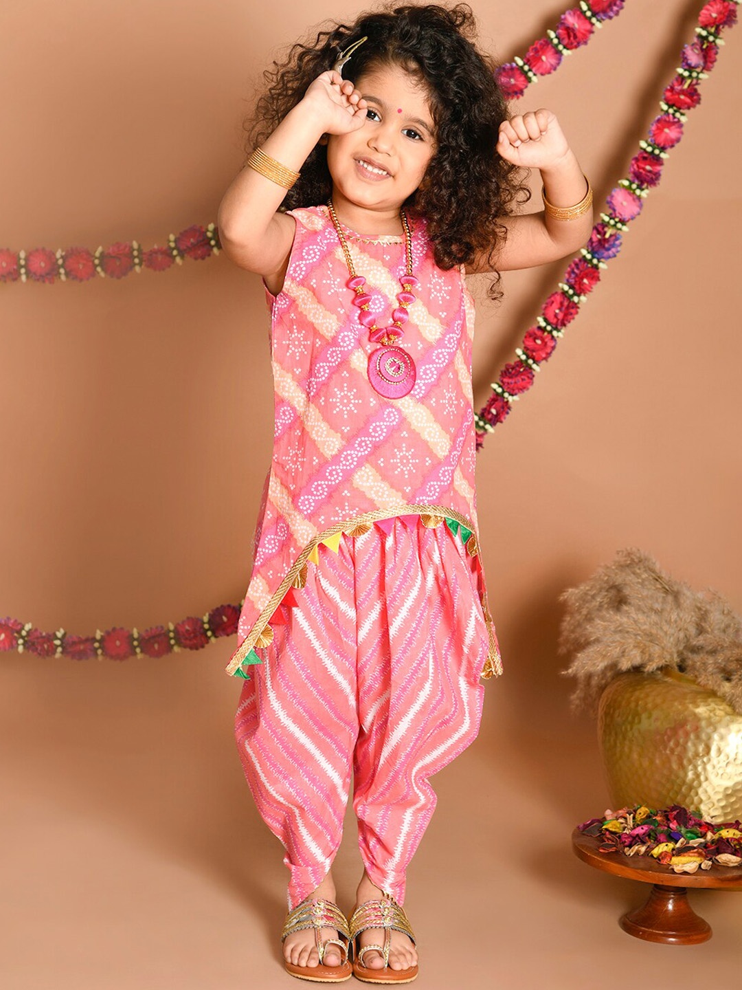 

LIL PITAARA Girls Orange Floral Printed Gotta Patti Pure Cotton Kurti with Dhoti Pants