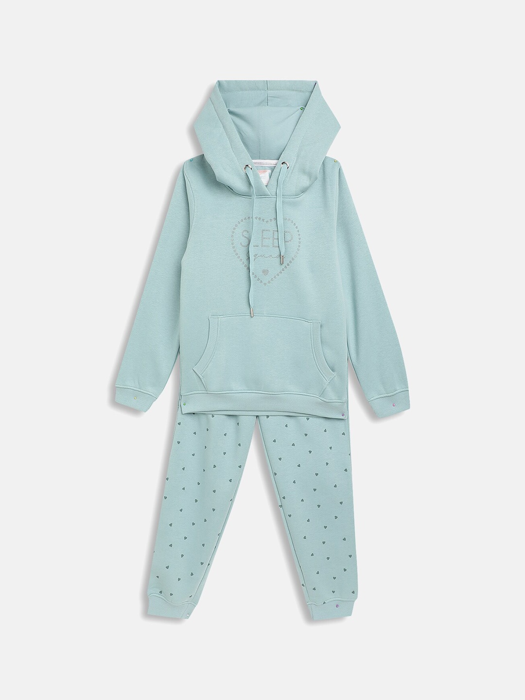 

METTLE Girls Blue Solid Fleece Hooded Tracksuits