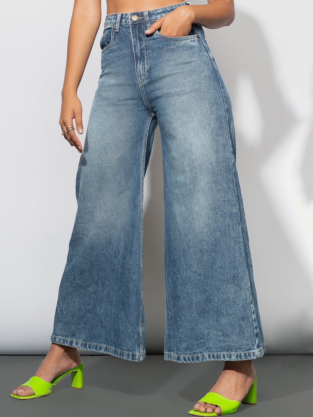

FREAKINS Women Blue Flared High-Rise Heavy Fade Pure Cotton Jeans