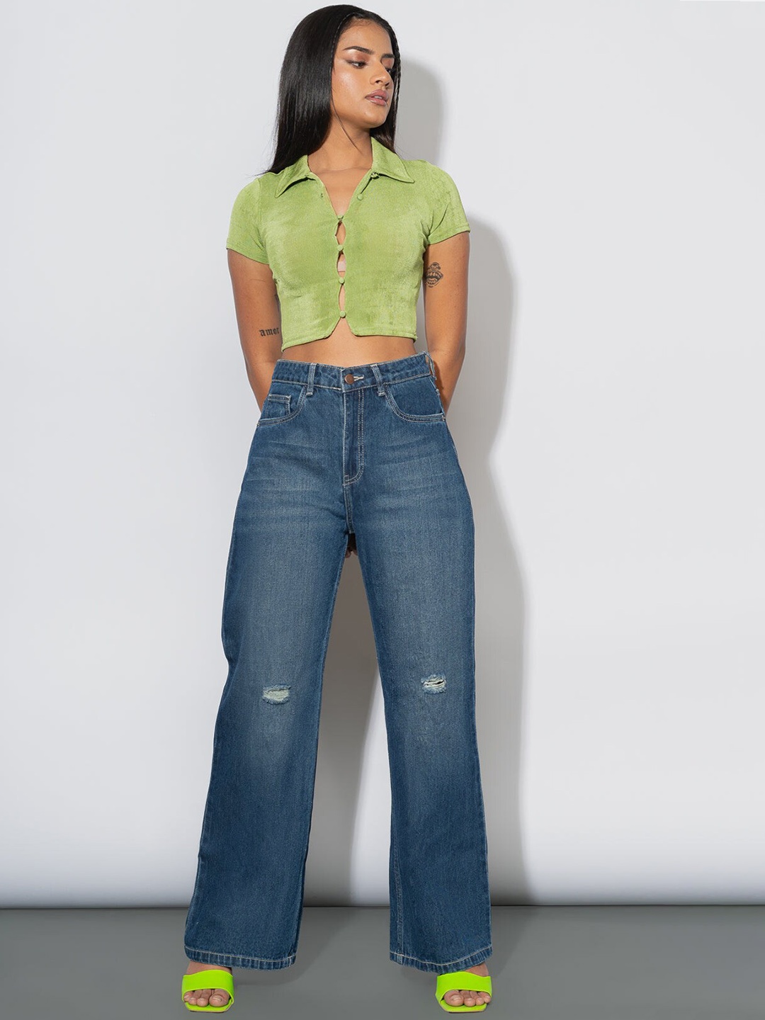 

FREAKINS Women Blue Wide Leg High-Rise Low Distress Light Fade Pure Cotton Jeans