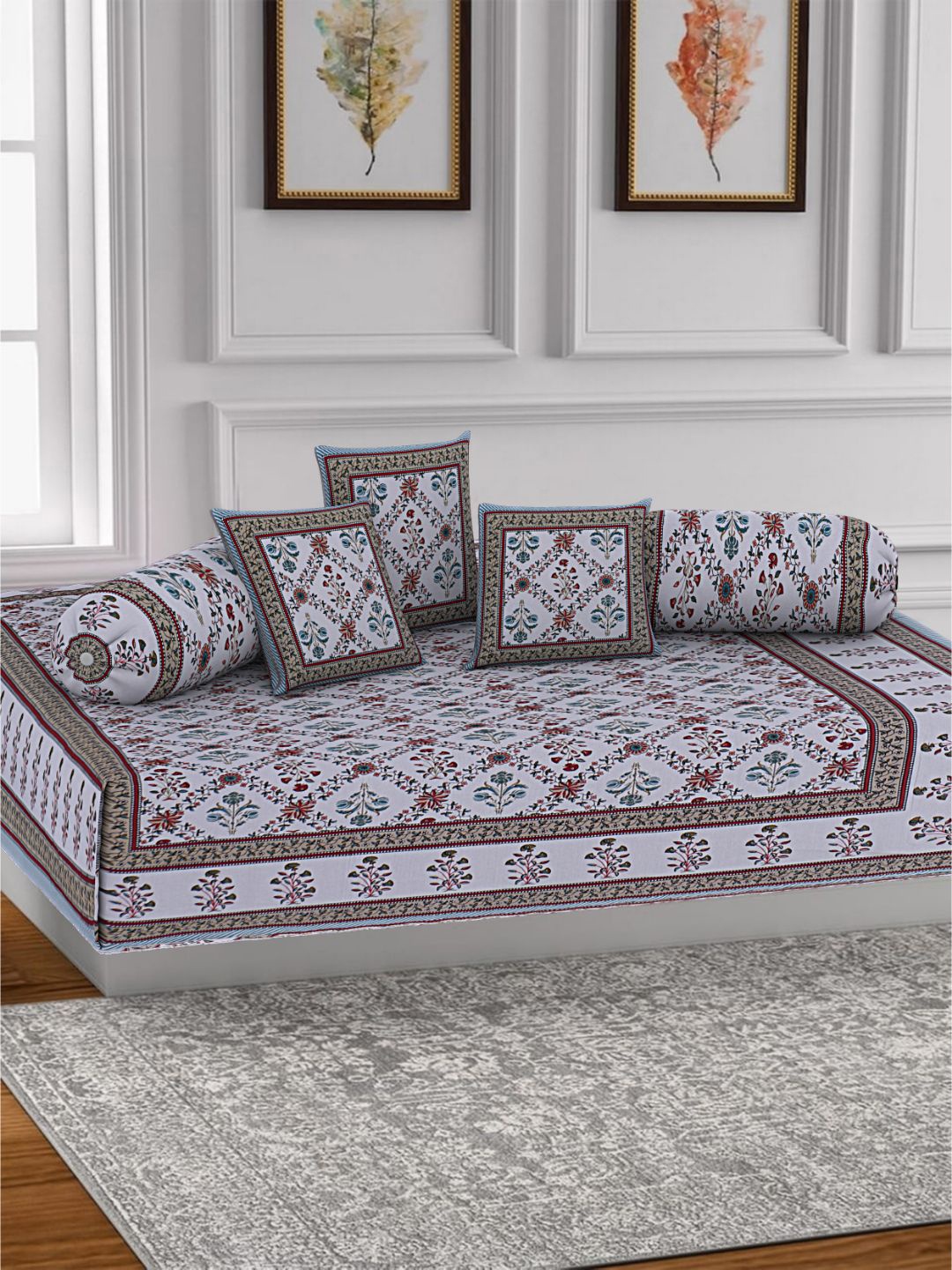 

INDHOME LIFE Set Of 6 White & Pink Printed Pure Cotton Diwan Set