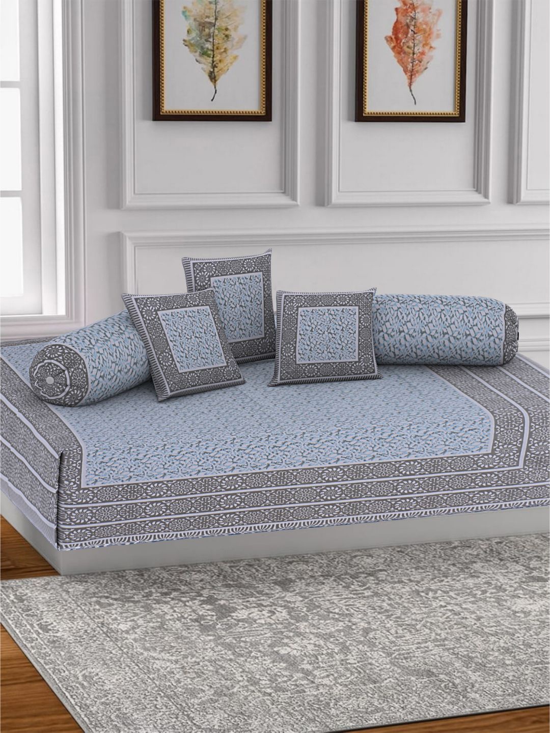

INDHOME LIFE Set Of 6 Grey & Blue Jaipuri Printed Pure Cotton Diwan Set