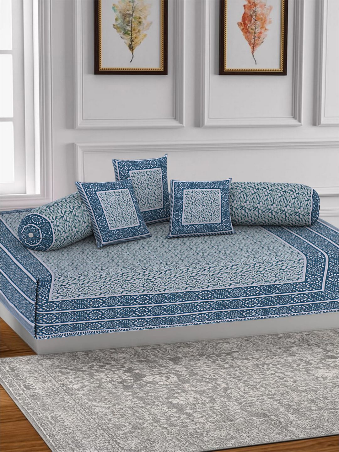 

INDHOME LIFE Set Of 6 White & Blue Printed Pure Cotton Diwan Sett
