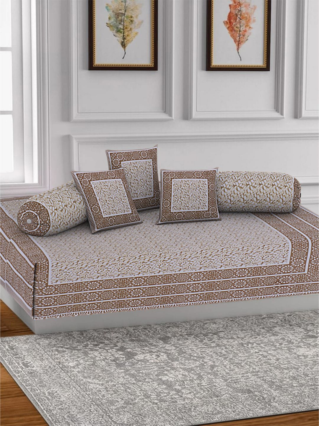 

INDHOME LIFE Brown & White Pack Of 6 Printed Pure Cotton Diwan Set