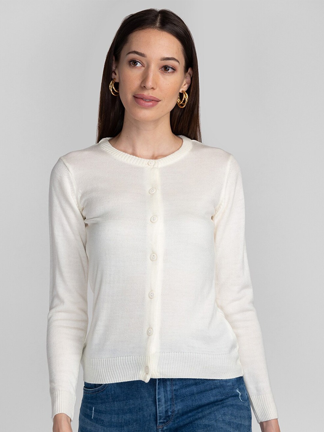 

Globus Women Off White Solid Cardigan