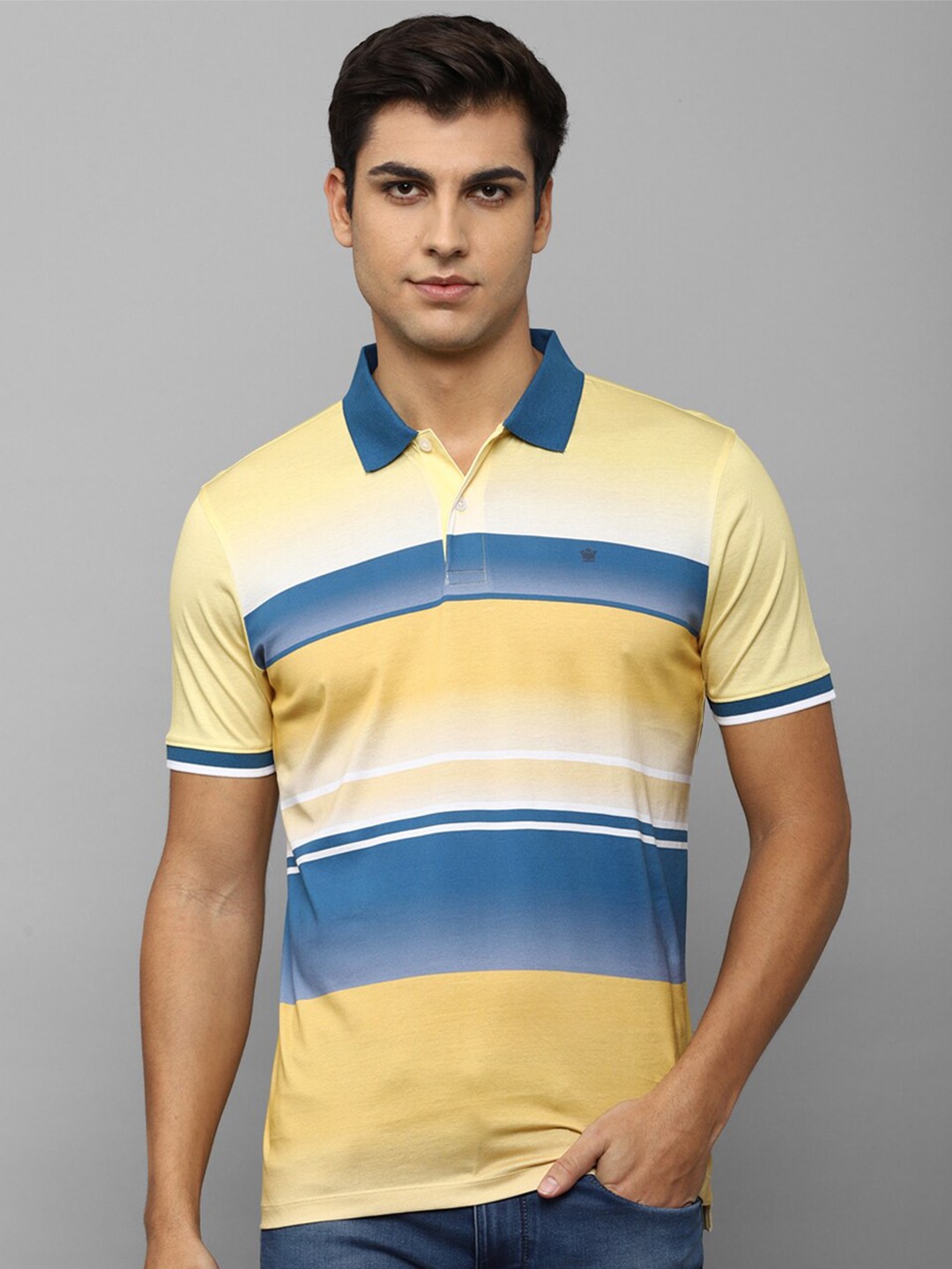 

Louis Philippe Sport Men Yellow & Blue Striped Polo Collar Cotton T-shirt