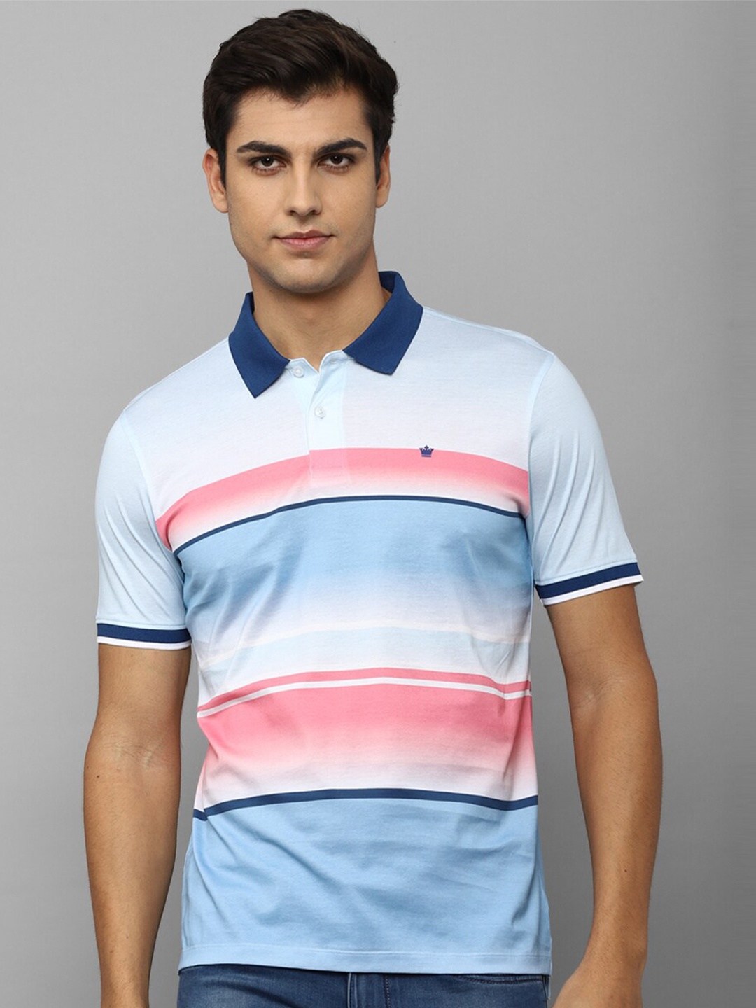 

Louis Philippe Sport Men Blue & Pink Striped Polo Collar Cotton T-shirt