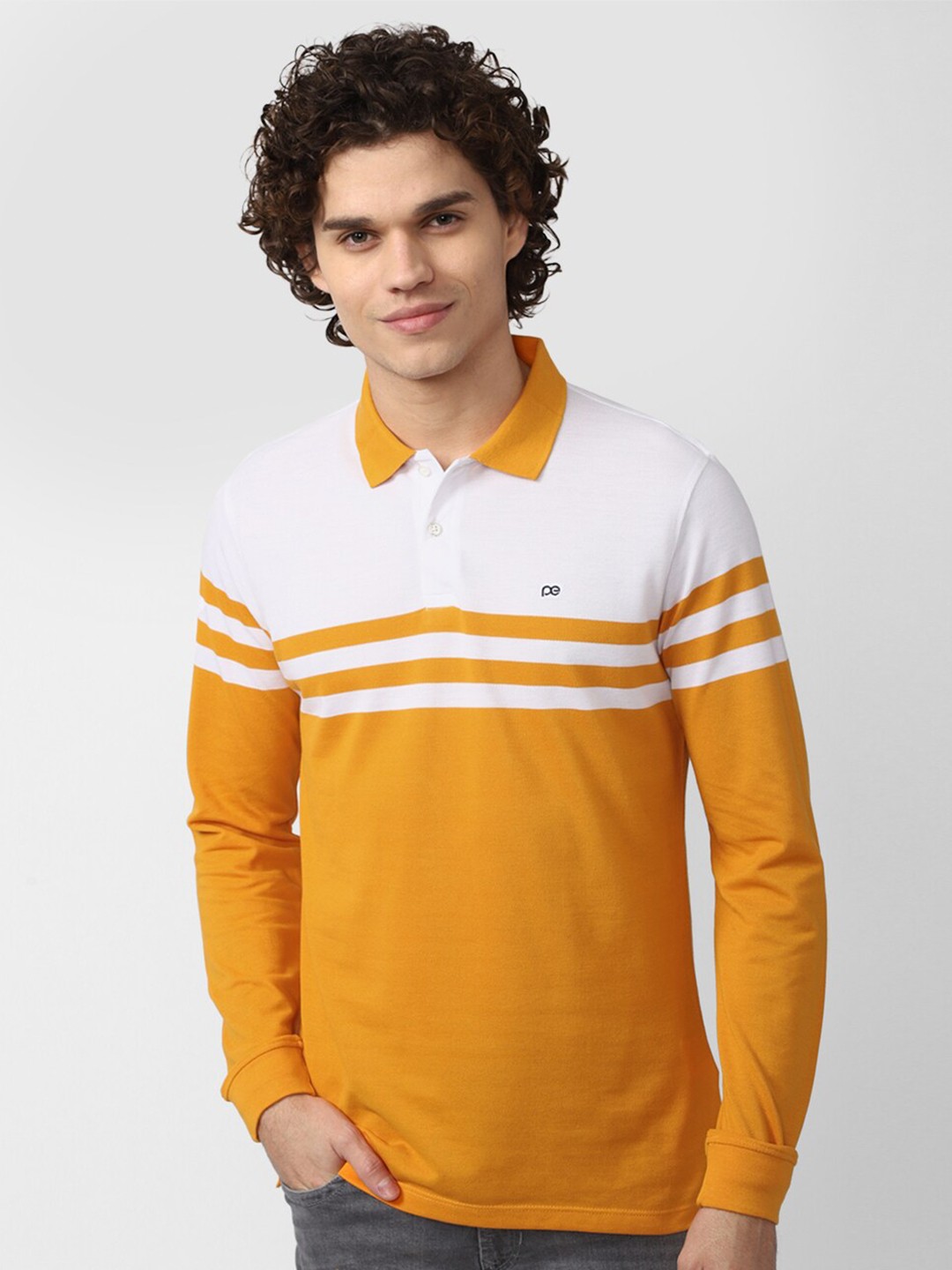 

Peter England Casuals Men Orange & White Colourblocked Polo Collar Cotton T-shirt