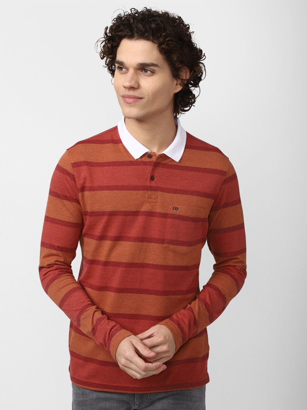 

Peter England Casuals Men Brown & White Striped Polo Collar T-shirt